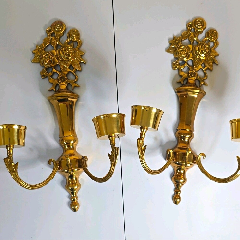 2-Pack Gold Metal Wall Mounted Sconce 2-Arm Candle Holders Floral Rose